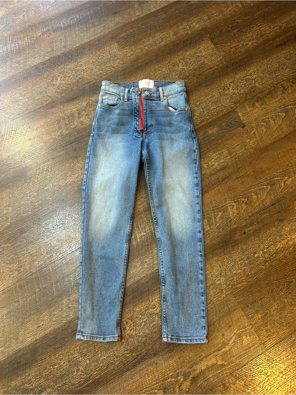 REVICE Light Blue Skinny Jeans with Red Front Zip